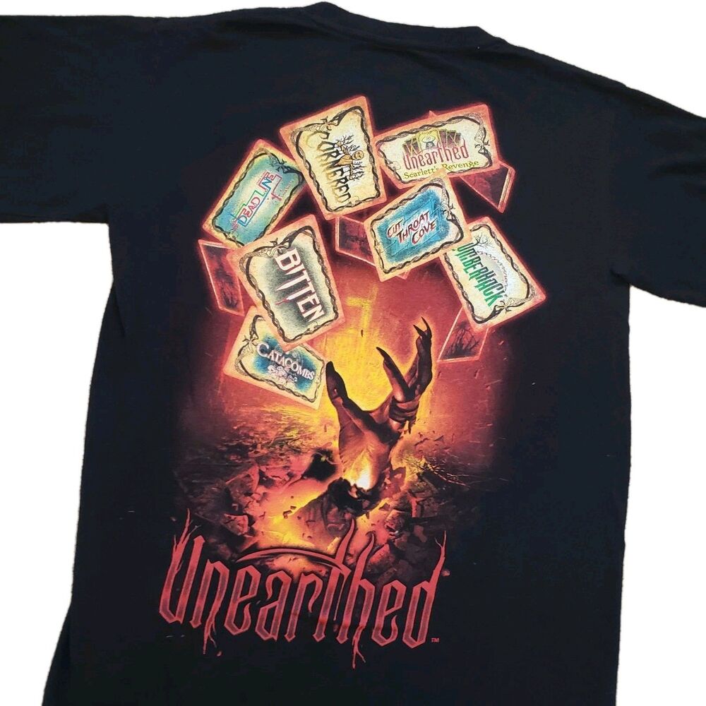 Busch Gardens Howl-O-Scream Unearthed Sz Small Mens Black Double Side T-Shirt